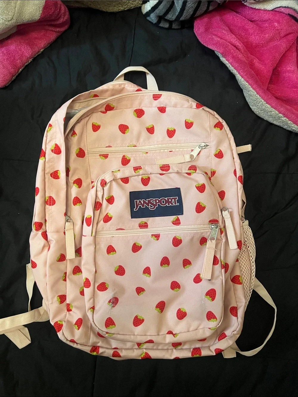 Jansport Pink Backpack with Red Strawberry Print